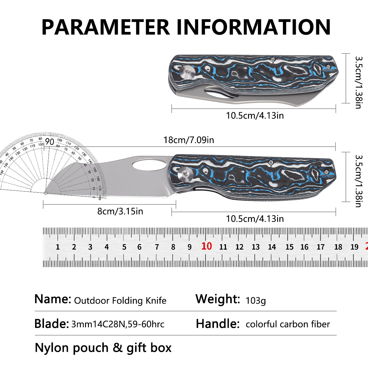 RAVEN-a small pocket FOLDING-blade knife rocking CF,14C28N Thumb Hole EDC
