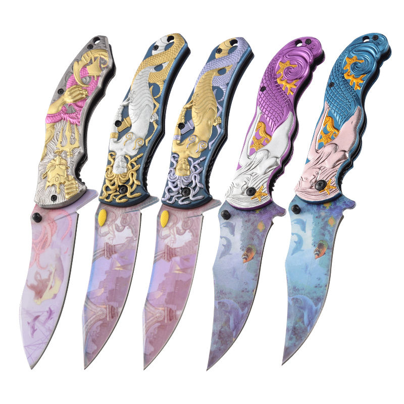 Price US$ 9.91 High Quality All Steel Mermaid Embossed Handle Tactical Folding Knives Outdoor Camping Pocket Knife Coloful Pattern Folding Knife With Clip Buy On Alfknives.com