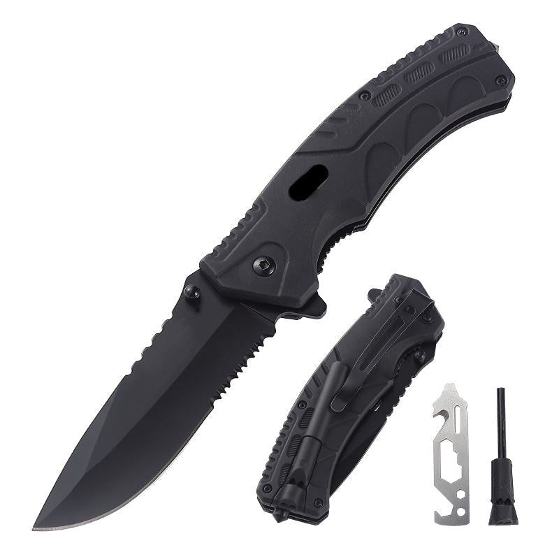 Price US$ 10.92 High Quality Utility Black Serrated Knife Abs Handle Outdoor Folding Knife  With Fire Starter And Hex Screwdriver Multitool Buy On Alfknives.com