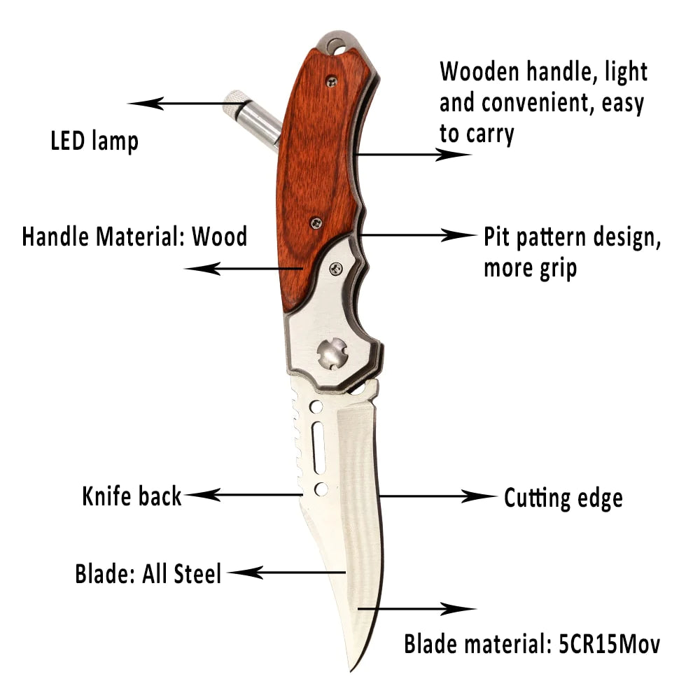 Price US$ 8.45 High Quality Best Selling Product Tactical Folding Blade Wood Handle Knife Outdoor Survival Hunting Camping Pocket Knife With Led Flash Buy On Alfknives.com