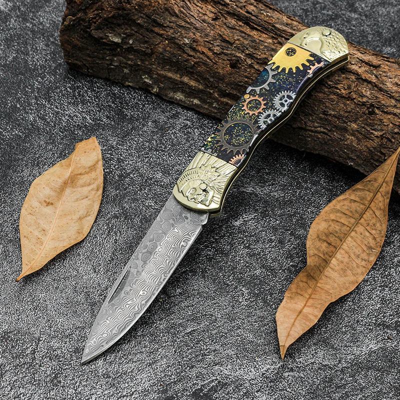 High quality damascus blade reain handle camping survival resin tactical knife folding damascus knife