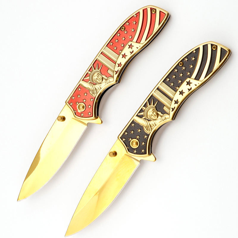 Price US$ 11.2 High Quality Creative Design Us Style Gold Titanium Handle Outdoor Tactical Stainless Steel Gift Folding Knife Buy On Alfknives.com