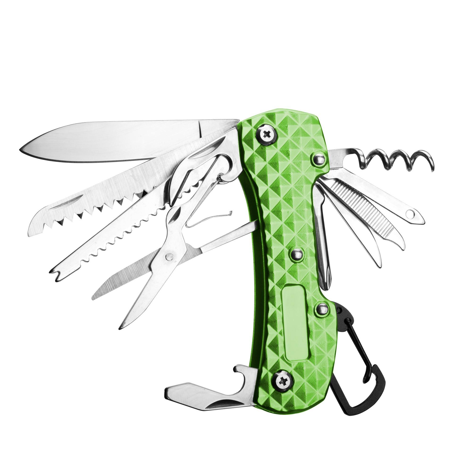 High Quality popular 420 Steel 11 in 1 Folding pocket Multifunction Knife with Carabiner Hook