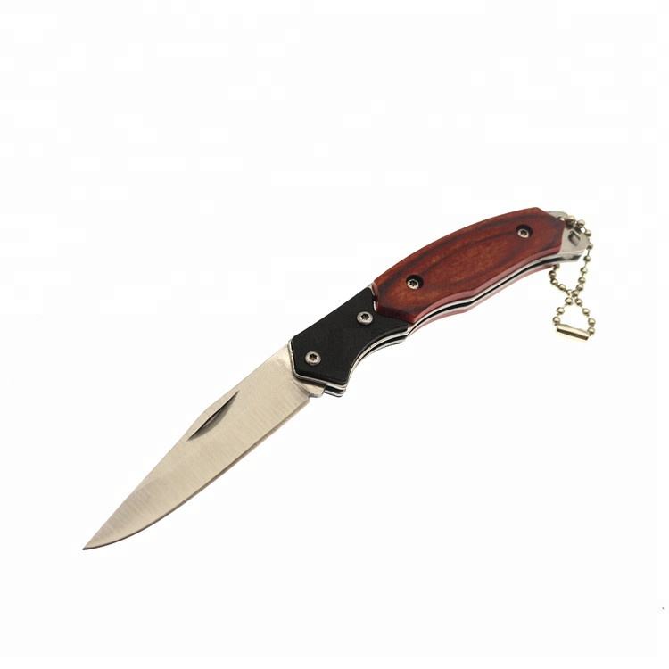 high quality wood handle stainless steel blade tactical pocket knife with keychain