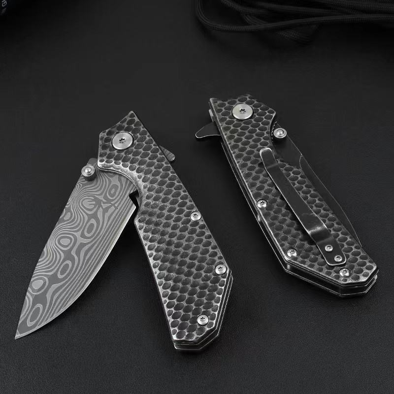 Price US$ 11.68 High Quality Black Coating 3Cr13Mov Steel Blade Folding Knife Print Damascus Pattern Survival Hunting Pocket Knife Buy On Alfknives.com