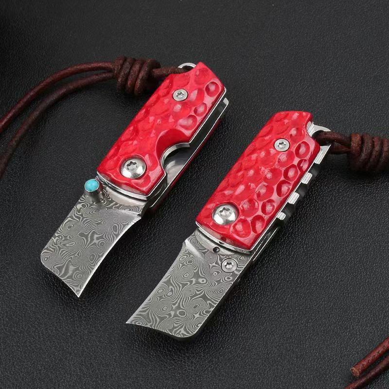 Price US$ 42.02 High Quality High Quality Mini Damascus Steel Turquoise Bovine Bone Handle Edc Folding Knife As Gift Buy On Alfknives.com