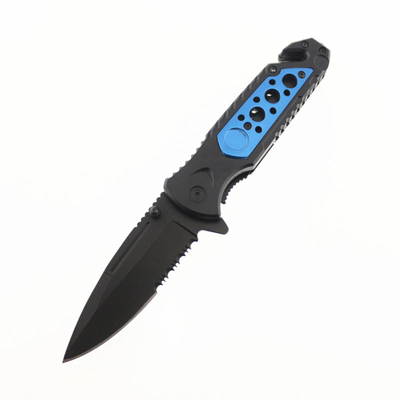 High quality half serrated blade folding outdoor camping  tactical survival knife with cutter glass