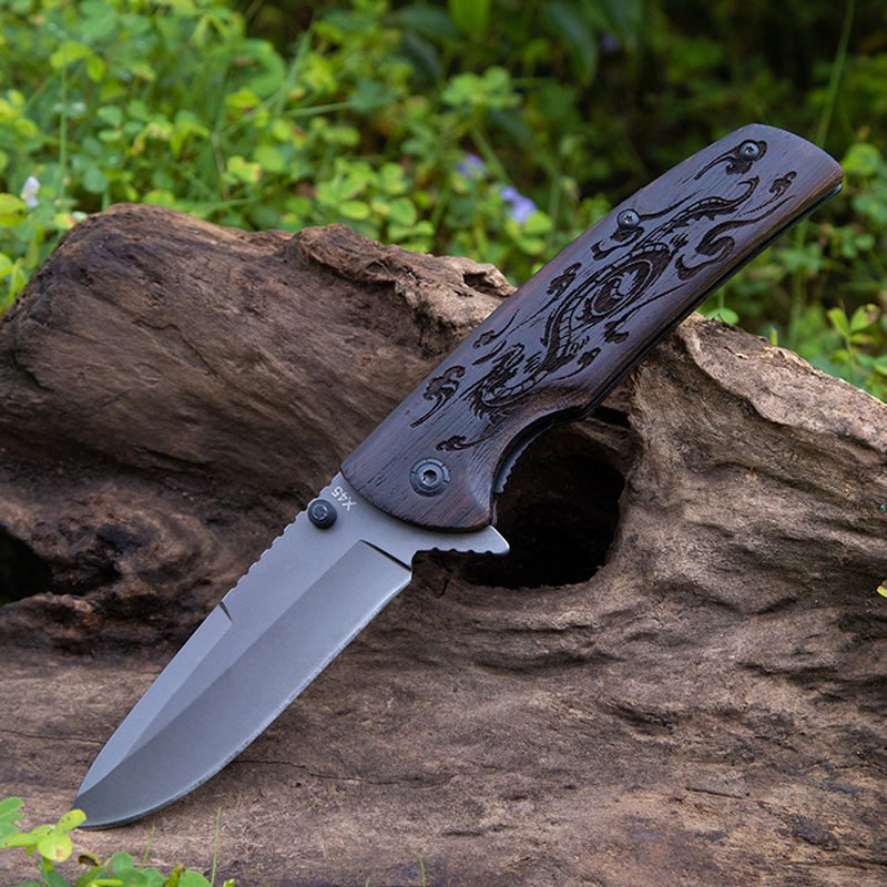 Price US$ 10.53 High Quality Custom Classic Style Black Carved Wooden Handle Grey Titanium Blade Gift Folding Camping Survival Knife Outdoor Tool Buy On Alfknives.com