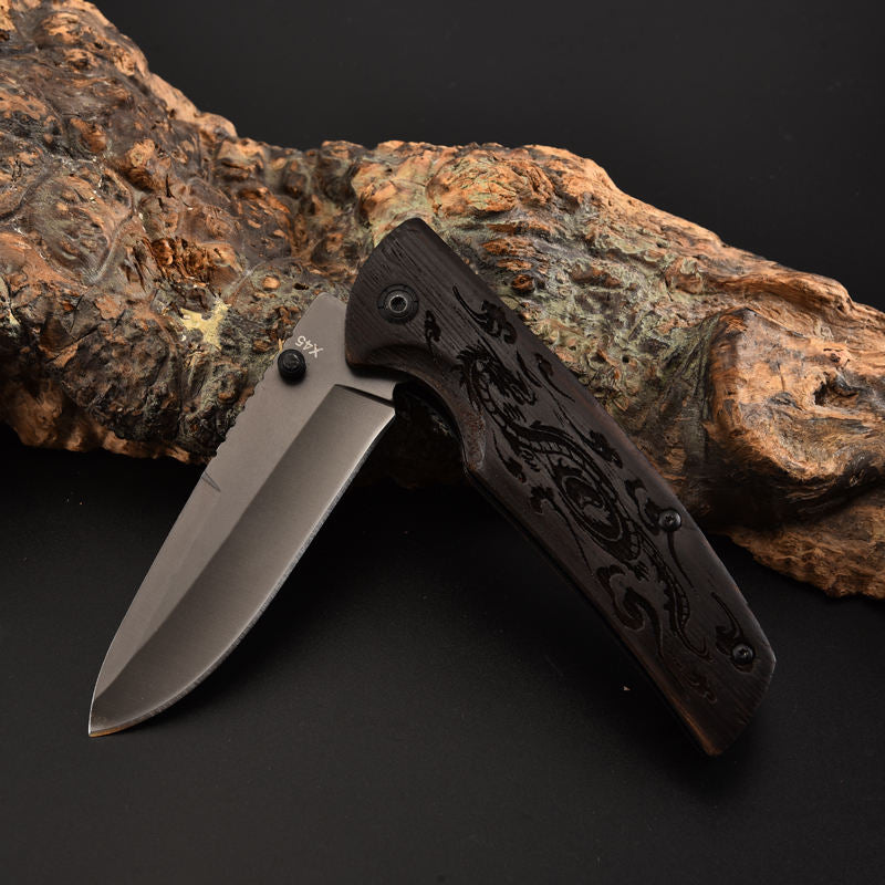 Price US$ 10.53 High Quality Custom Classic Style Black Carved Wooden Handle Grey Titanium Blade Gift Folding Camping Survival Knife Outdoor Tool Buy On Alfknives.com