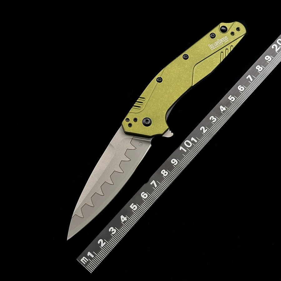 KERSHAW 1812 OLCB Dividend Assisted Flipper Knife 3 N690 and CPM D2 Composite Bead Blasted Plain Blade  Olive Aluminum Handles