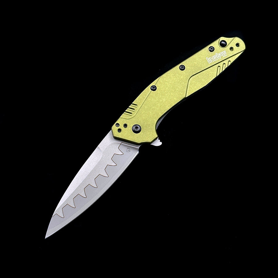 KERSHAW 1812 OLCB Dividend Assisted Flipper Knife 3 N690 and CPM D2 Composite Bead Blasted Plain Blade  Olive Aluminum Handles