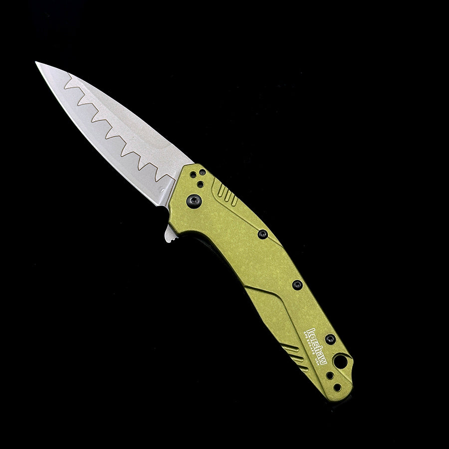 KERSHAW 1812 OLCB Dividend Assisted Flipper Knife 3 N690 and CPM D2 Composite Bead Blasted Plain Blade  Olive Aluminum Handles