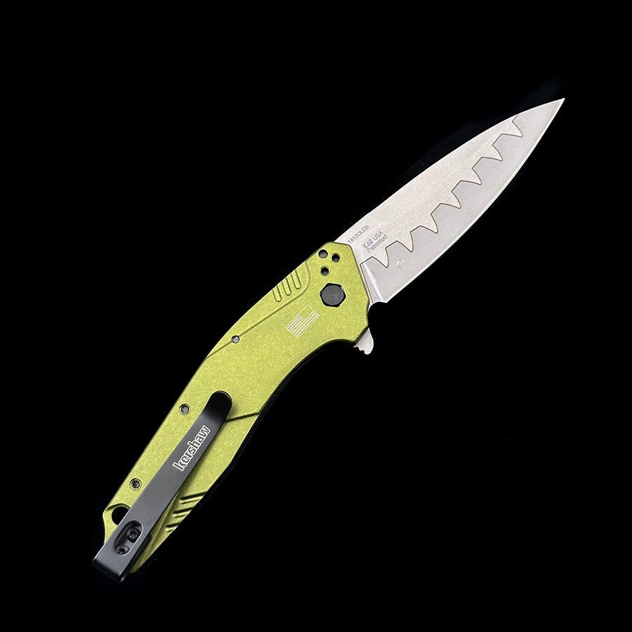 KERSHAW 1812 OLCB Dividend Assisted Flipper Knife 3 N690 and CPM D2 Composite Bead Blasted Plain Blade  Olive Aluminum Handles