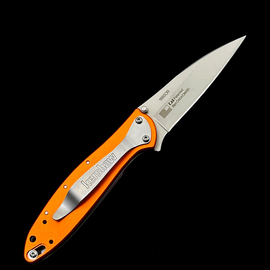 KERSHAW 1660 OR Ken Onion Leek Assisted Flipper Knife 3 Bead Blast Plain Blade  Orange Aluminum Handles