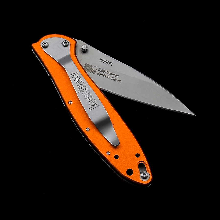 KERSHAW 1660 OR Ken Onion Leek Assisted Flipper Knife 3 Bead Blast Plain Blade  Orange Aluminum Handles