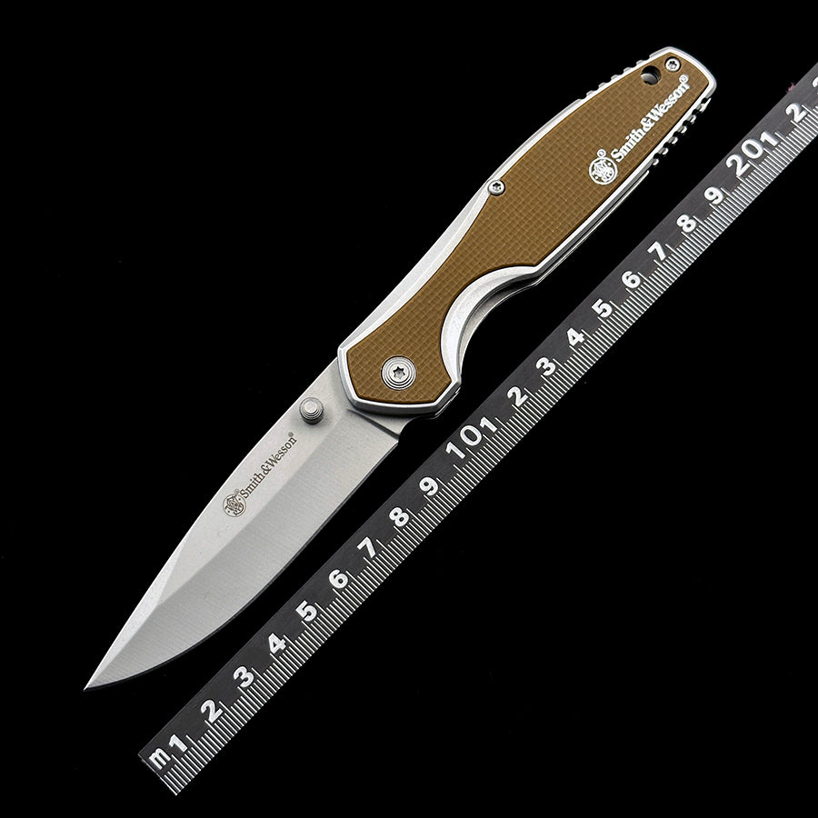 Smith & Wesson 1122572 Cleft Assisted Opening Folding Knife 3.4 Satin Clip Point Blade Tan G10 and Stainless Steel Handles