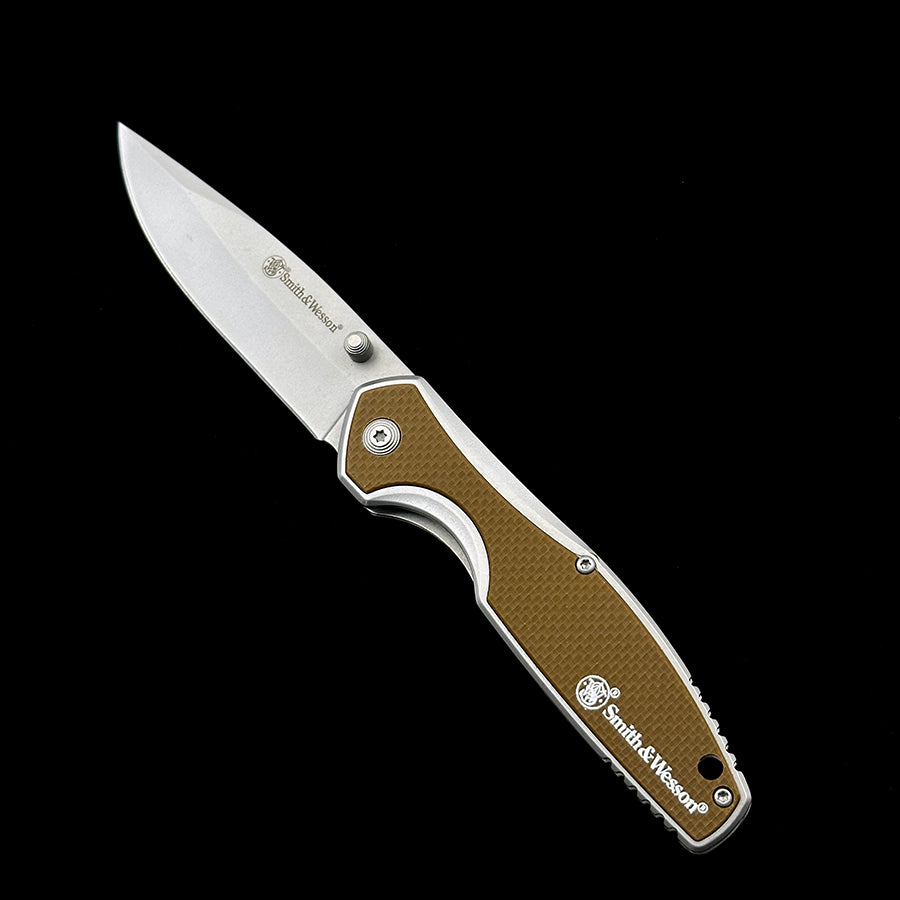 Smith & Wesson 1122572 Cleft Assisted Opening Folding Knife 3.4 Satin Clip Point Blade Tan G10 and Stainless Steel Handles