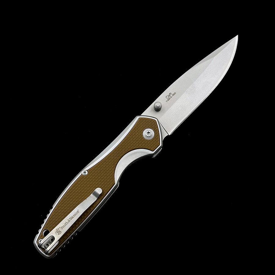 Smith & Wesson 1122572 Cleft Assisted Opening Folding Knife 3.4 Satin Clip Point Blade Tan G10 and Stainless Steel Handles