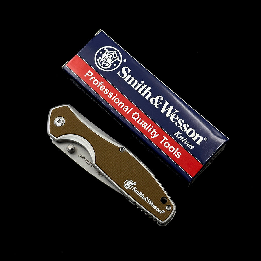 Smith & Wesson 1122572 Cleft Assisted Opening Folding Knife 3.4 Satin Clip Point Blade Tan G10 and Stainless Steel Handles