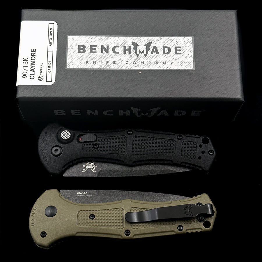 BENCHMADE 9071BK Claymore AUTO Folding Knife 3.6 CPM-D2 Cobalt Black Tanto Plain Blade Black Grivory Handles